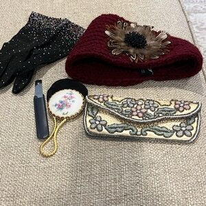 Vintage Burgundy Knit Headband with Feather Flower